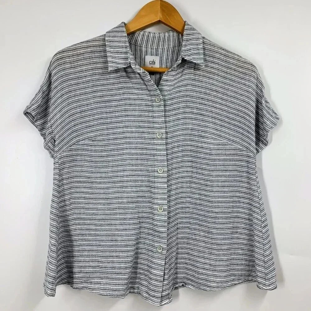 CABI Women's Hacienda Button Down Striped Linen Short Sleeve Shirt Size XS